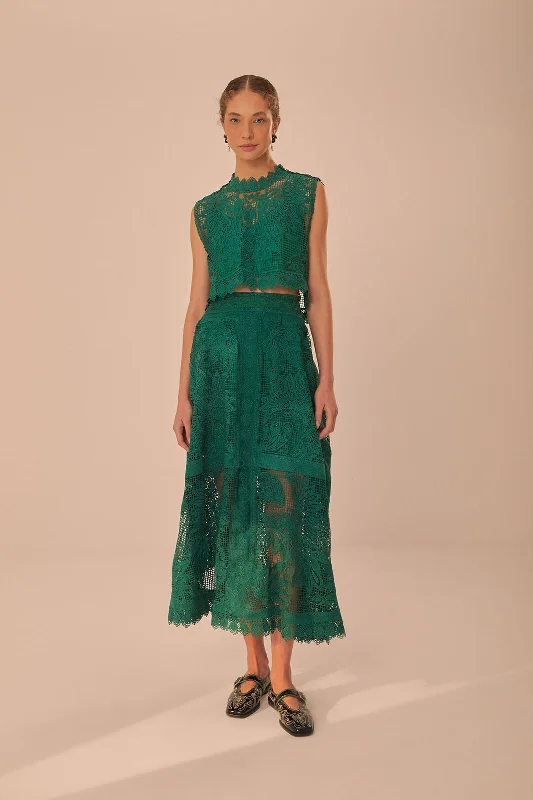 Green Toucans Guipure Midi Skirt silk skirt lustrous