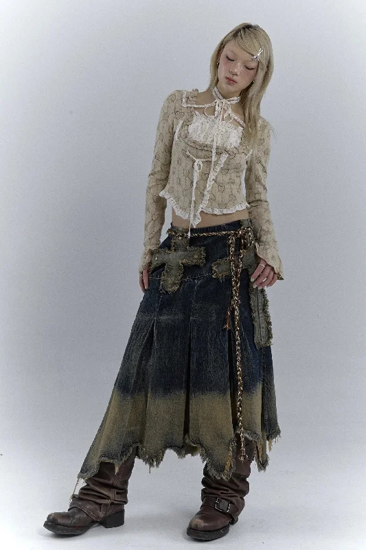 Grunge Cross Patch Pleated Maxi Skirt lace skirt romantic