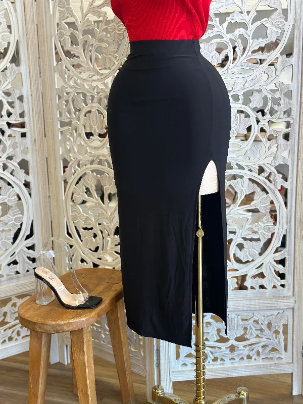 High Slit Black Midi Skirt- Stretchy patchwork skirt art
