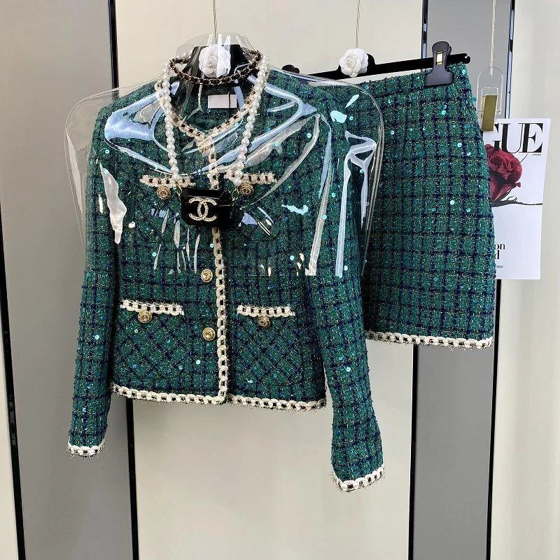 Jacquard Plaid Tweed Skirt Suit Women chiffon skirt flowing