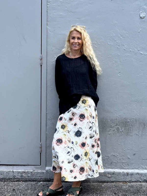 Jiva Midi Linen Prudence Skirt- Watercolour denim skirt casual