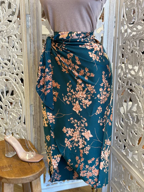 Knotted Wrapped Floral Satin Skirt- Slightly Stretchy chiffon skirt flowing