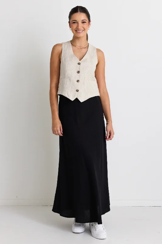 Lagos Black Linen Floaty Bias Cut Maxi Skirt ruffled skirt detail