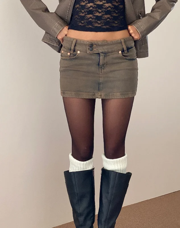 Low Rise Denim Mini Skirt in Sand belted skirt waist