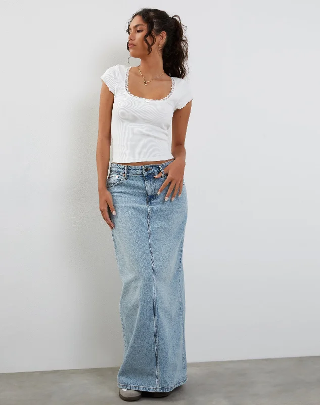 Low Rise Denim Maxi Skirt in Bleach Denim elastic waist skirt