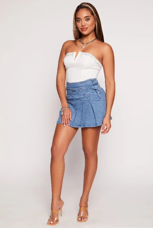 Belted Denim Pleated Mini Skirt denim skirt stylish