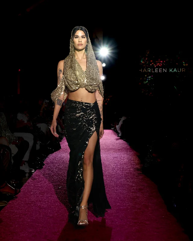 MELIA Black and Gold Mermaid Slit Skirt lace skirt romantic