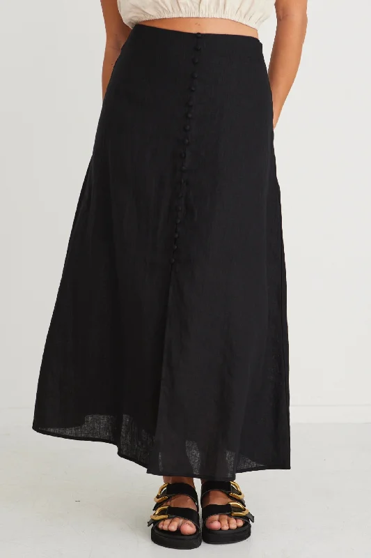 Mercy Black Linen Button Front Aline Skirt silk skirt elegant