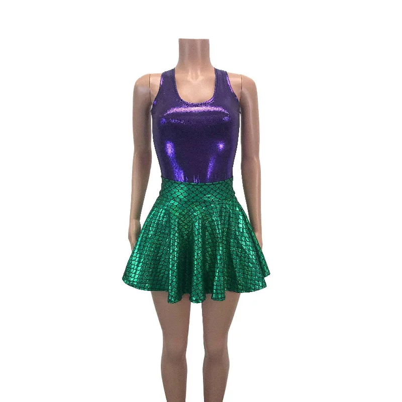 Mermaid Costume - Green Mermaid Scales Skater Skirt & Purple Tank Outfit - Rave Costume, Cosplay wool skirt thick