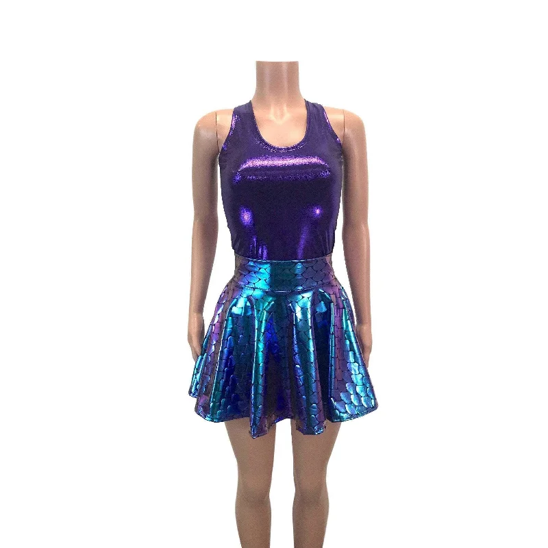 Mermaid Costume - Holographic Mermaid Scales Skater Skirt & Purple Tank Outfit denim skirt classic