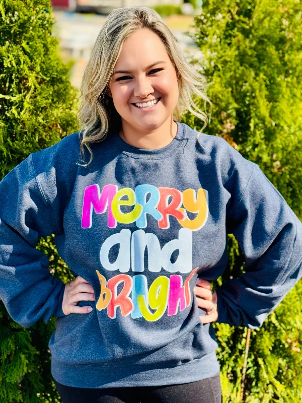 "Merry and Bright" Sweatshirt on Dark Heather Grey Hoodie with Raw Hem Edgy Unfinished