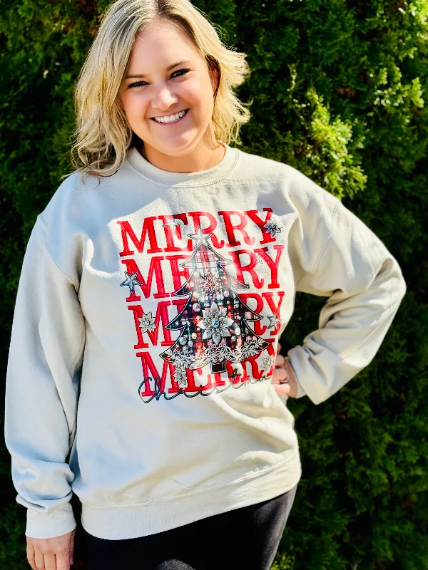 "Merry Christmas Tree" Sweatshirt on Sand Hoodie with Front Slit Layering Stylish