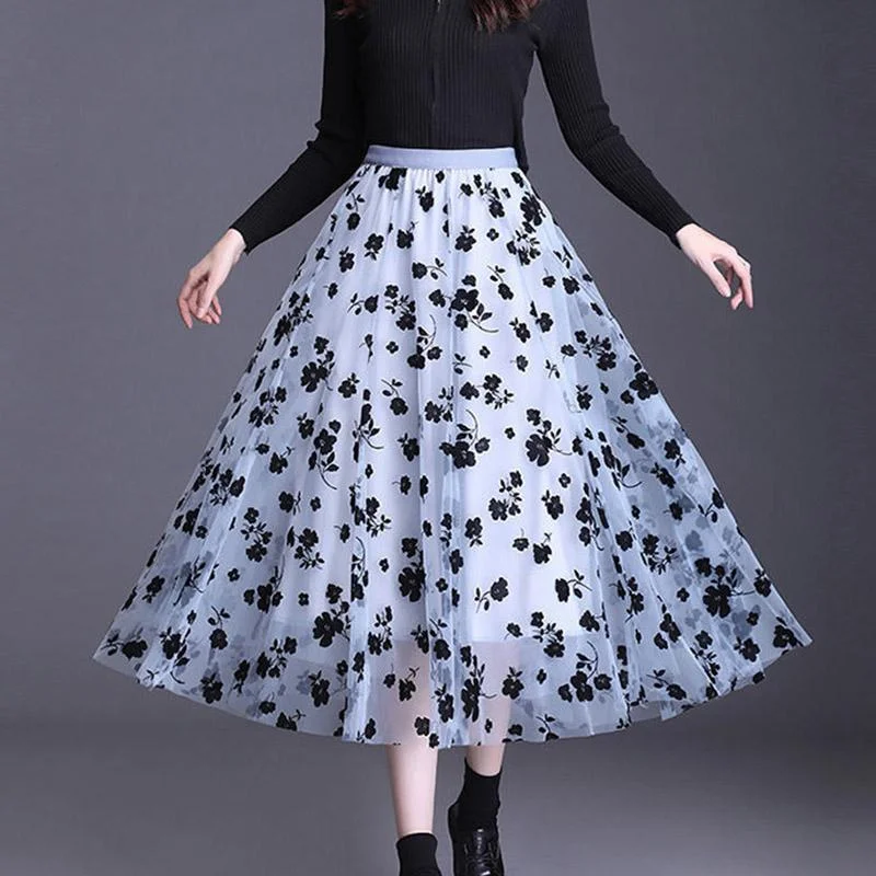 Mesh Floral Skirt Women's Spring/Summer High Waist Mid-Length A-Line Pleated Skirt velvet skirt luxury