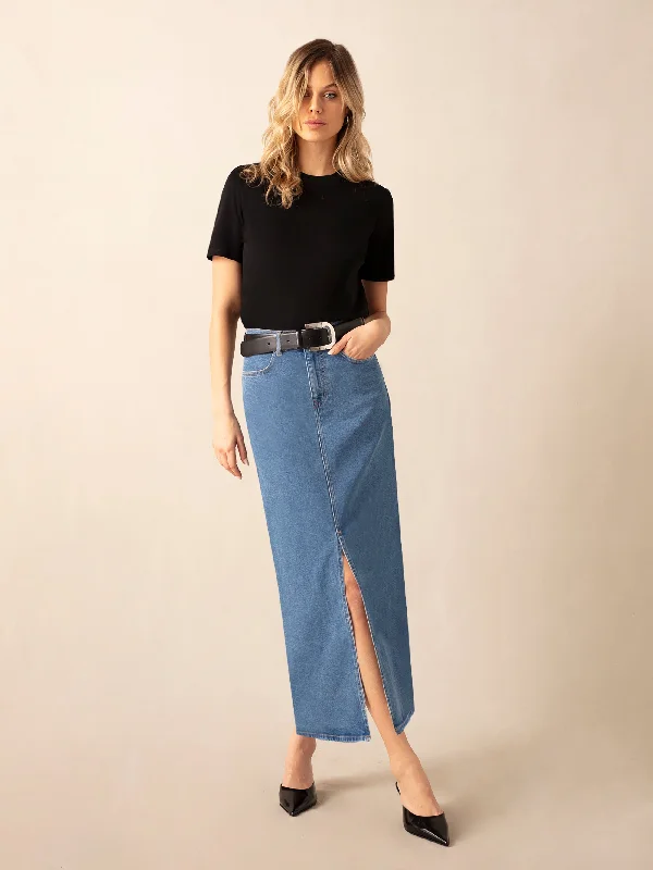 Mid Wash Blue Denim Midaxi Skirt casual skirt length