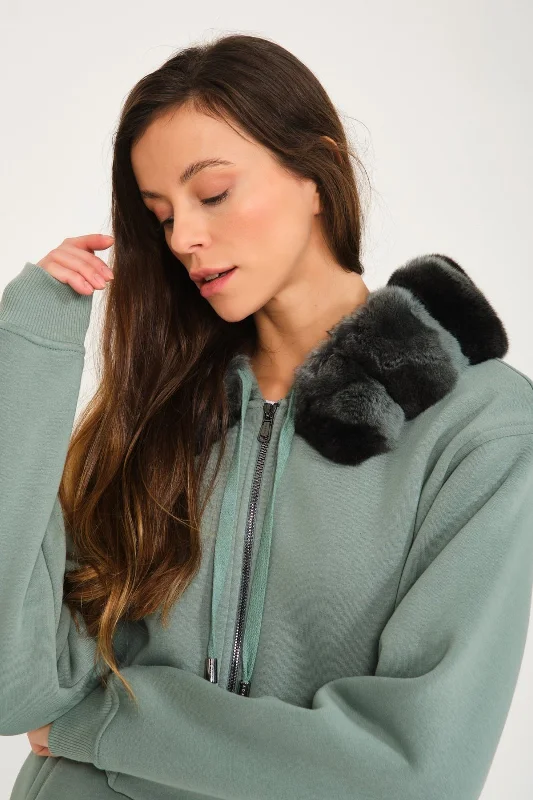 Mint Color Chinchilla Fur Zipped Hoodie & Jogger Set Hoodie with Ribbed Hem Stretchable Secure