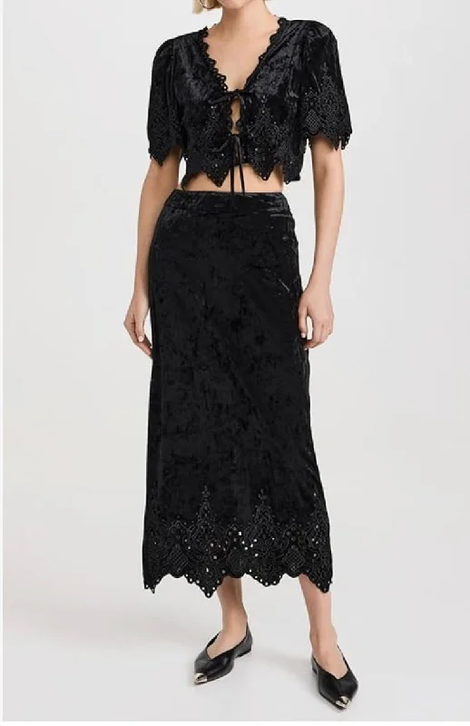 Moon River Velvet Eyelet H Line Midi Skirt belted skirt waist