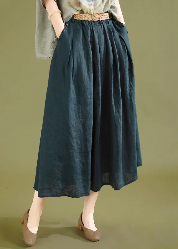 Navy Wrinkled Solid Linen Skirts Elastic Waist Summer high slit skirt