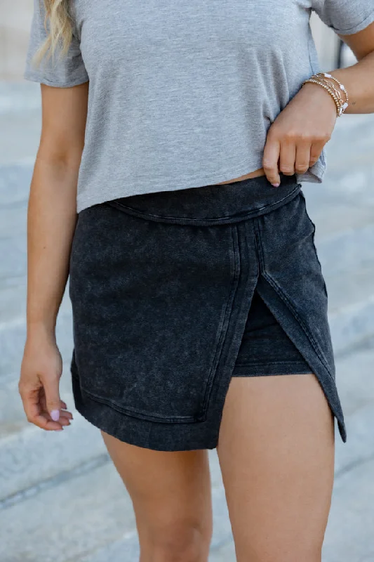 On The Fast Track Black Acid Wash Knit Skort low waist skirt
