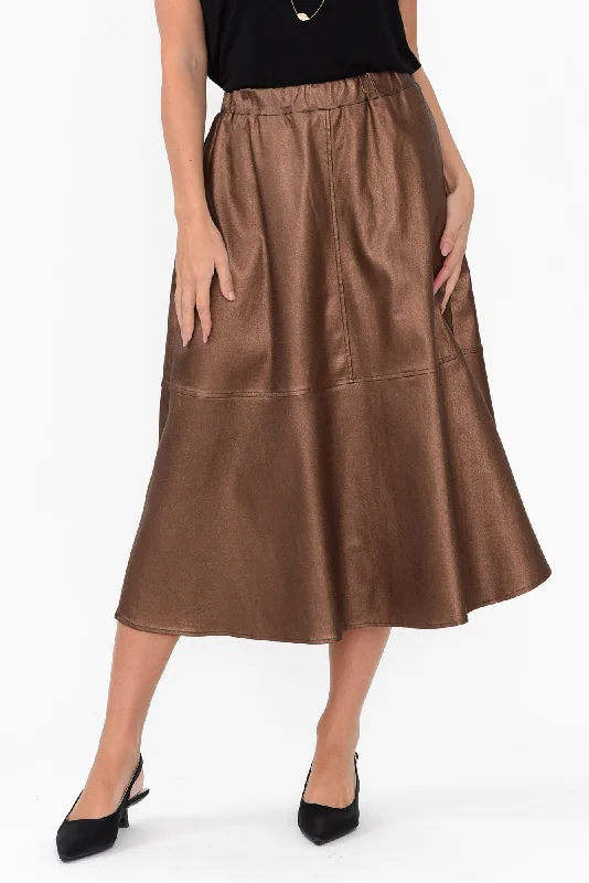 Oriel Bronze Faux Leather Midi Skirt high waist skirt