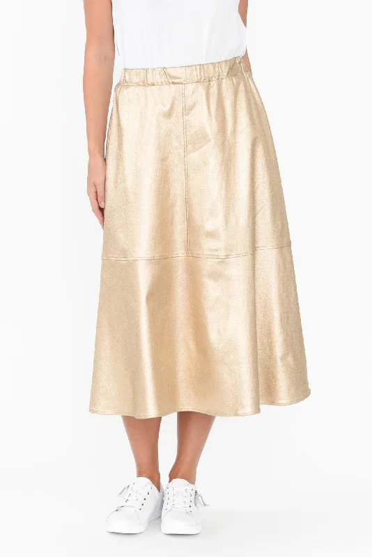 Oriel Gold Faux Leather Midi Skirt breathable skirt fabric