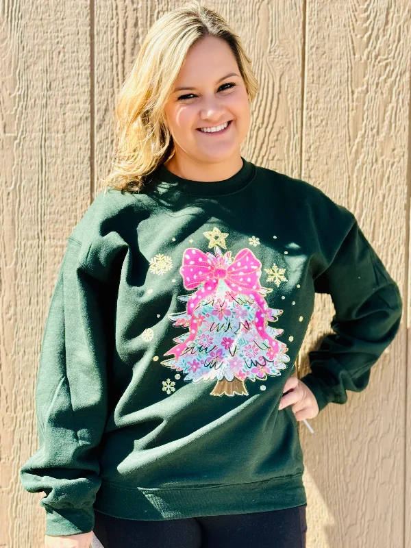 Pink Christmas Bow Tree Sweatshirt on Forest Green Hoodie with Hem Detail Decorative Unique Pink Christmas Bow Tree Sweatshirt on Forest Green Hoodie with Hem Detail Decorative Unique
