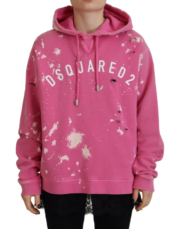 Pink Logo Print Cotton Hoodie Sweatshirt Sweater Hoodie with Lace Feminine Delicate