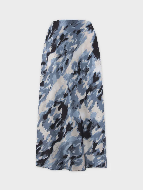 Printed Satin Slip Skirt-Blue Brushstrokes wool skirt sturdy