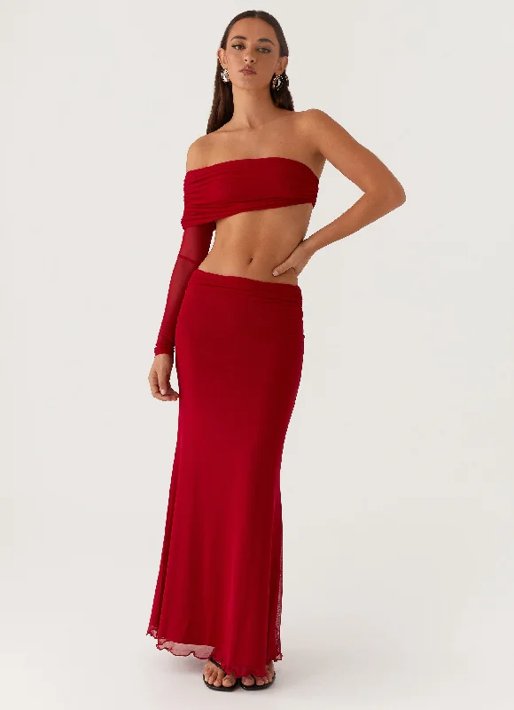 Rayne Maxi Skirt - Red velvet skirt glossy