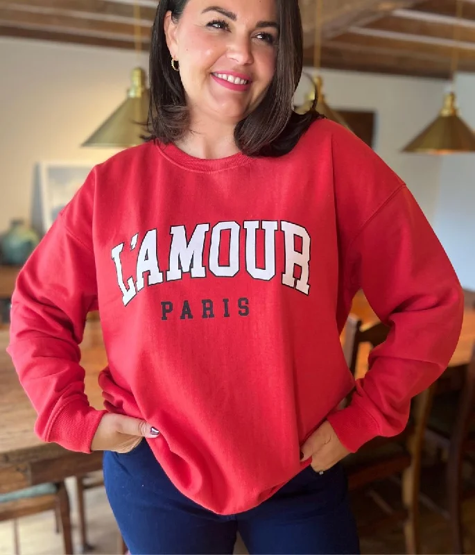 Red L'Amour Print Sweatshirt Hoodie with Velcro Closure Adjustable Secure