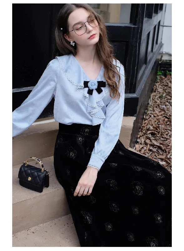 Retro Romantic Ruffled Top & Velvet Skirt summer skirt style