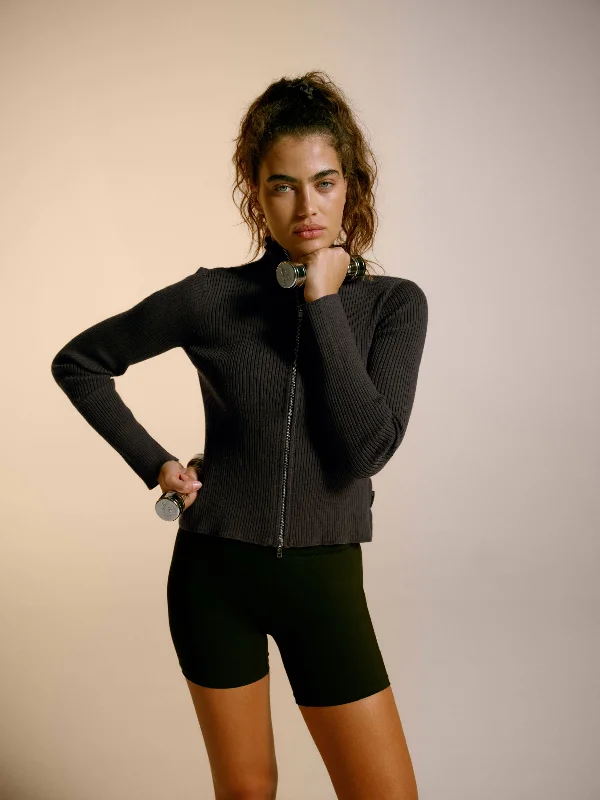 Rib Knit Zip Up Sweatshirt -  Anthracite Grey Hoodie with Earth Tones Natural Calm
