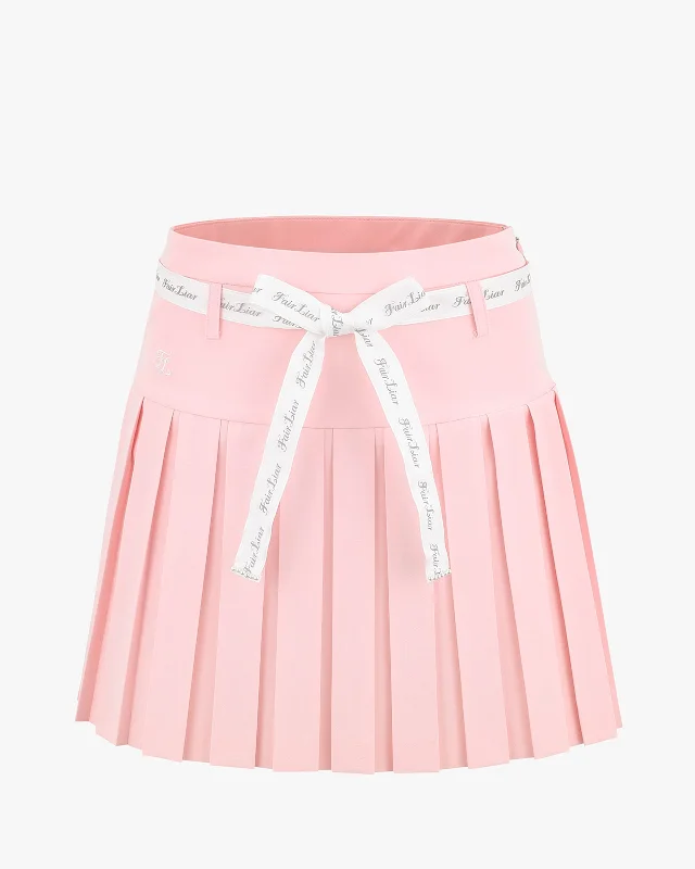 Ribbon Belt High Waist Double Pleated Skirt - Pink a-line skirt cut