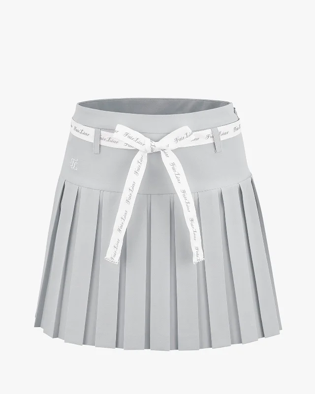 Ribbon Belt High Waist Double Pleated Skirt - Grey linen skirt breathable