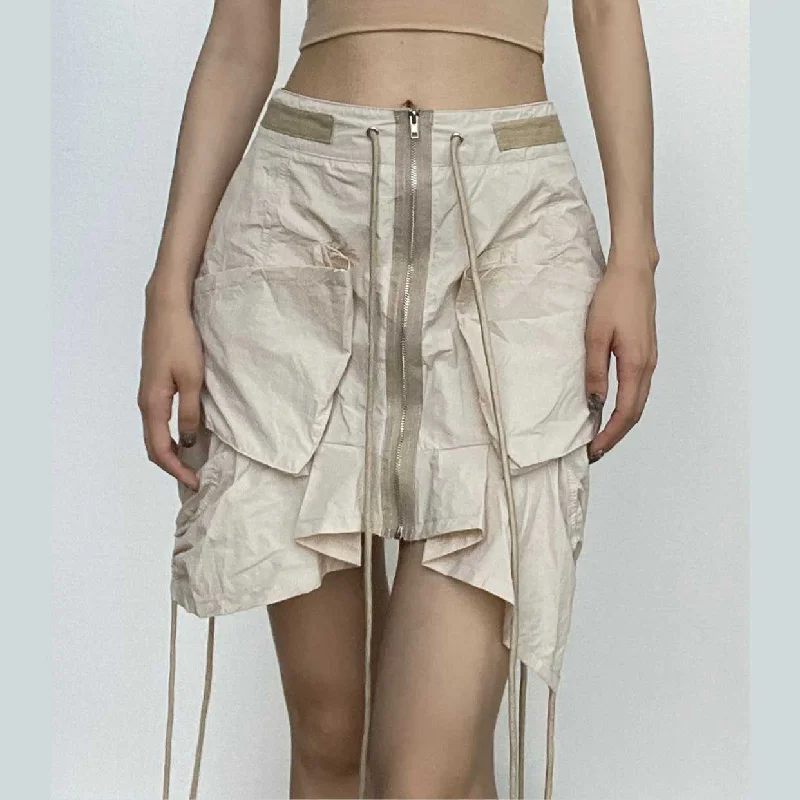 Rrawstring zip-up irregular cargo pocket mini skirt low waist skirt