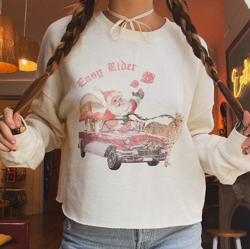 Santa Easy Rider Cropped Sweatshirt Hoodie with Rolled Sleeves Casual Relaxed