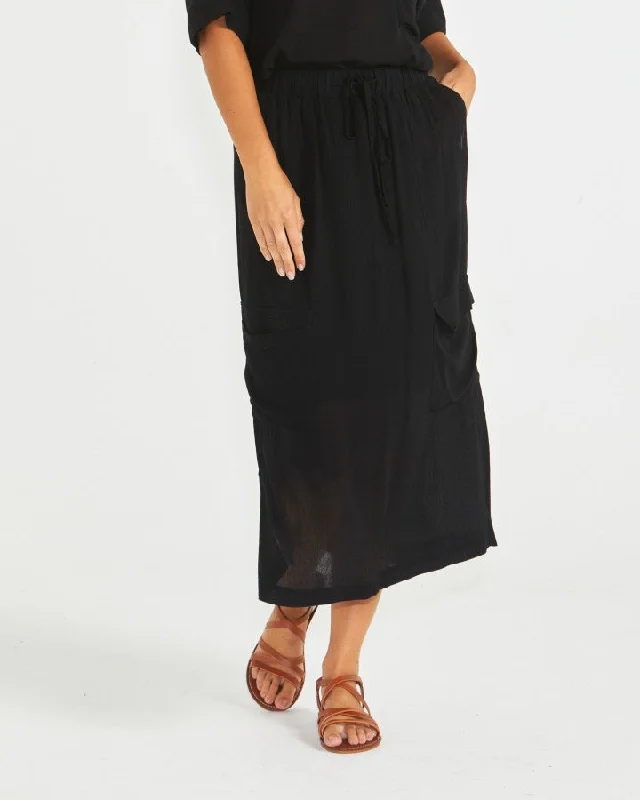 Sass Raya Cargo Skirt - Black satin skirt smooth