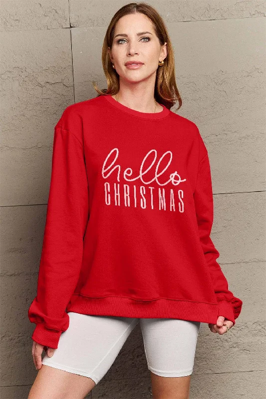Simply Love Full Size HELLO CHRISTMAS Long Sleeve Sweatshirt Hoodie with Oversized Fit Loose Comfortable