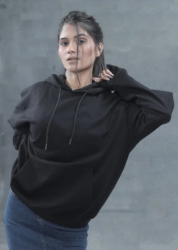 Solid Black Women Drop Shoulder Premium Terry Hoodie | Pronk Hoodie with Pocket Utility Practical Solid Black Women Drop Shoulder Premium Terry Hoodie | Pronk Hoodie with Pocket Utility Practical