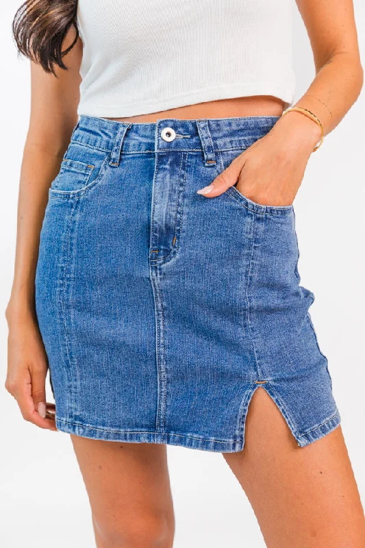Somewhere Out There Medium Wash Side Slit Denim Skirt FINAL SALE chiffon skirt floaty