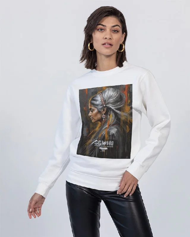 South Asian silver grey white hair sisters portrait [2] Unisex Premium Crewneck Sweatshirt | Lane Seven Hoodie with Color Block Contrast Stylish