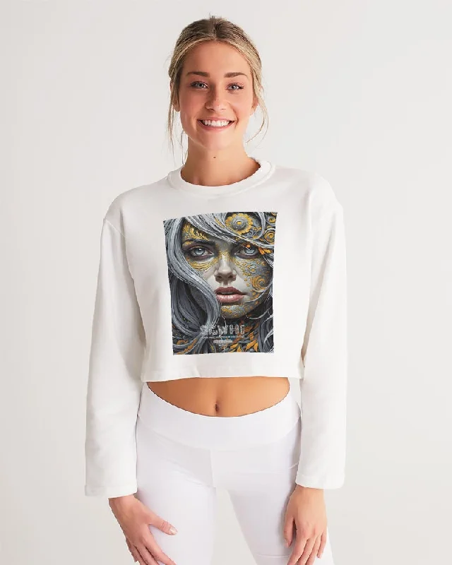 Sweet Silver Yellow Flower Grey Hair sister.[Part three] Women's All-Over Print Cropped Sweatshirt Hoodie with Metallic Shiny Futuristic