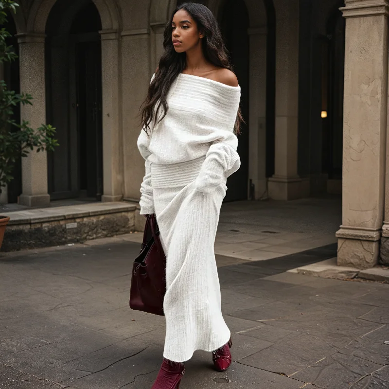 A&A Off-Shoulder Long Sleeve Knitted Maxi Two Piece Skirt Set velvet skirt luxury