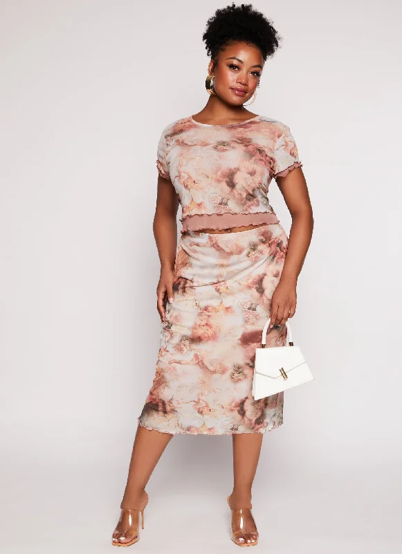 Plus Size Almost Famous Mesh Printed Midi Pencil Skirt belted skirt waist