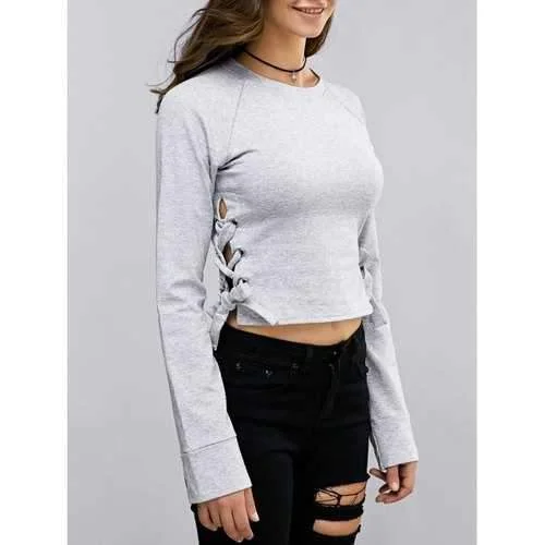 Fashion Round Neck Long Sleeve Lace Up Cropped Sweatshirt For Women - Light Gray M Hoodie with Button Classic Timeless