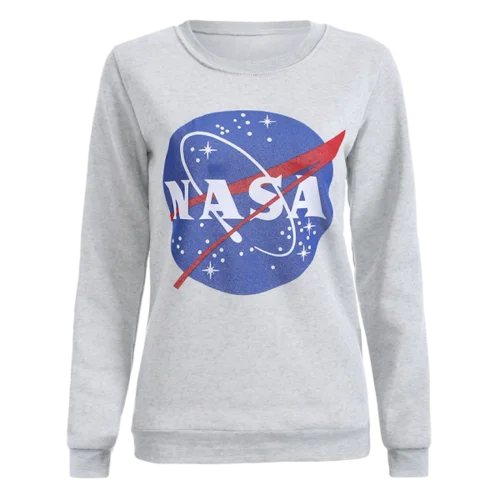 Fashion Round Neck Galaxy Print Sweatshirt For Women - Light Gray L Hoodie with Raw Hem Edgy Unfinished