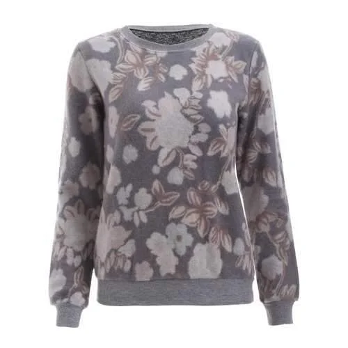 Casual Round Neck Floral Pattern Flocking Women's Sweatshirt - Gray S Hoodie with Earth Tones Natural Calm