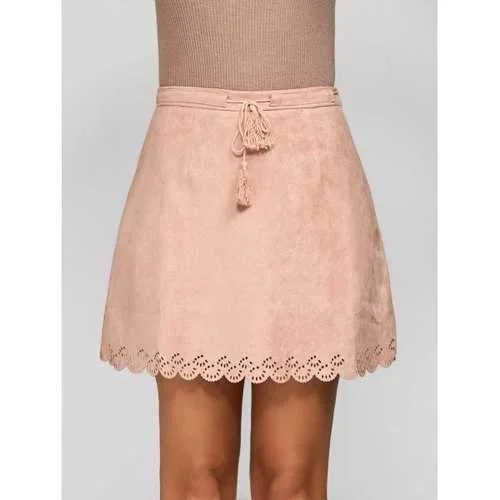 Scalloped Suede Drawstring Tassel Skirt - Pink M patchwork skirt art