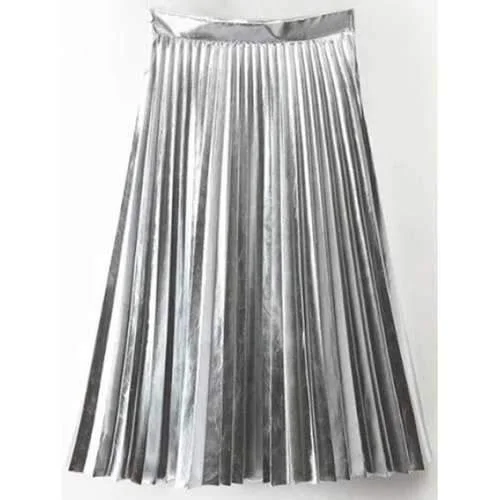 Accordion Pleat PU Leather Skirt - Silver S wool skirt sturdy