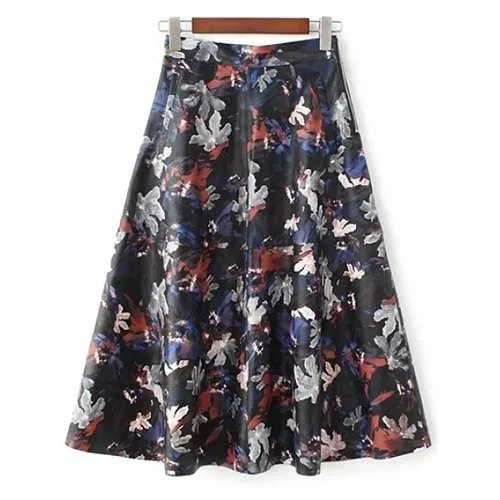 Printed Faux Leather Midi Skirt - L floral skirt print