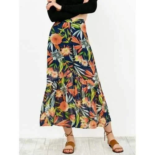 High Waist Floral Print Buttoned Skirt - L wool skirt thick